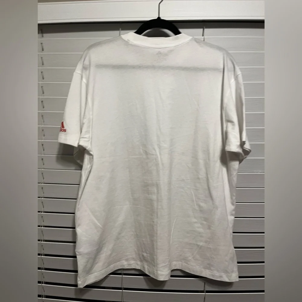 Size M, Adidas, white T-Shirt with red outlined logo letters